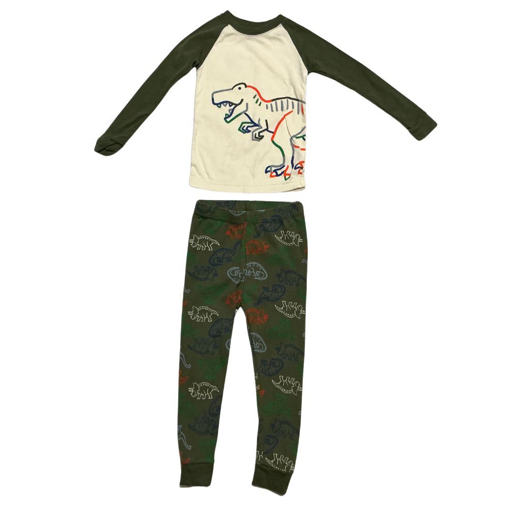 Toddler Dinosaur Pajamas 3T Cotton Snug Fit Set Raglan Top Pants Green Cream